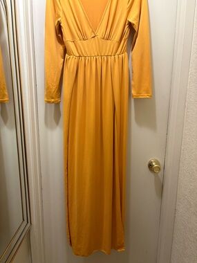 Mustard Yellow Long Sleeve V-Neck Maxi Dress
